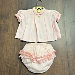 Vtg 50s Nanette Pink Dress 2 pc set Baby Girl Ruffle Bottoms bloomers USA Infant